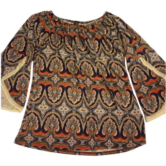 On / off shoulder abstract print tunic with lace trim bell 3 qtr. sleeve - Picture 1 of 7